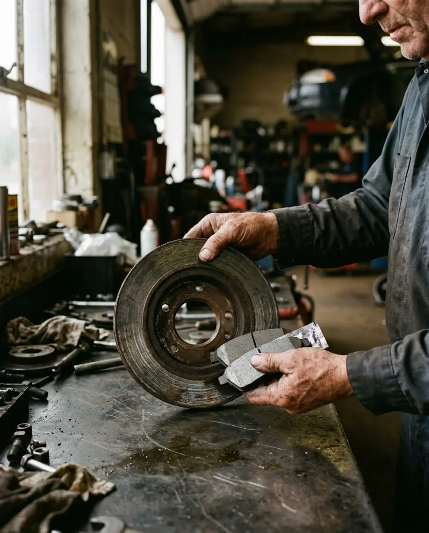 A mechanic holding a brake rotor and new pads at the workbench
